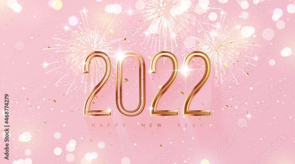 Happy new year 2022 holiday background with 3d numbers 2022, fireworks and Christmas lights in pink and gold colors. Vector illustration