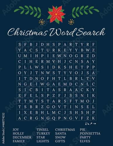 Christmas word search puzzle. Printable worksheet about winter holidays. Educational crossword game for children and adults. Party card. Page for learning English. Xmas vector illustration 