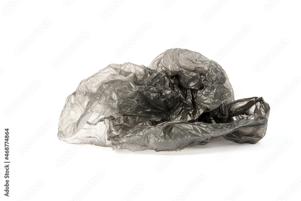 crumpled gray plastic trash bags isolated on white