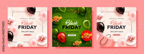 Set of black friday square sale banner with realistic glossy balloons, gift box and discount text. Vector illustration
