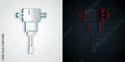 Paper cut Construction jackhammer icon isolated on grey and black background. Paper art style. Vector