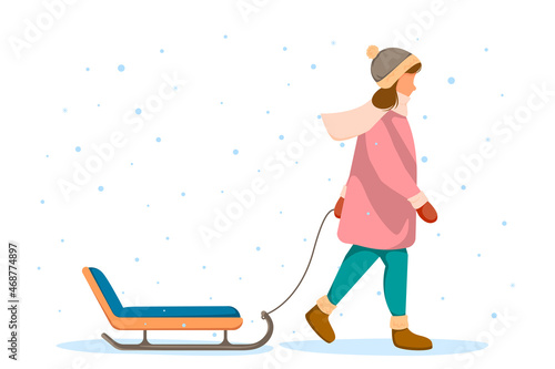 Girl pulls sled. Concept of winter fun. Vector illustration in flat style.