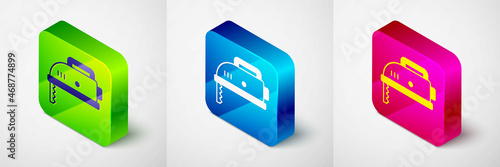 Isometric Electric jigsaw with steel sharp blade icon isolated on grey background. Power tool for woodwork. Square button. Vector