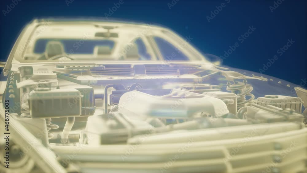Holographic animation of 3D wireframe car model with engine Holographic animation of 3D wireframe car model with engine