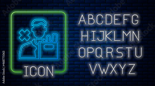 Glowing neon Dismissed sad young man carrying box with his personal belonging leaving his job icon isolated on brick wall background. Employee fired from work. Neon light alphabet. Vector