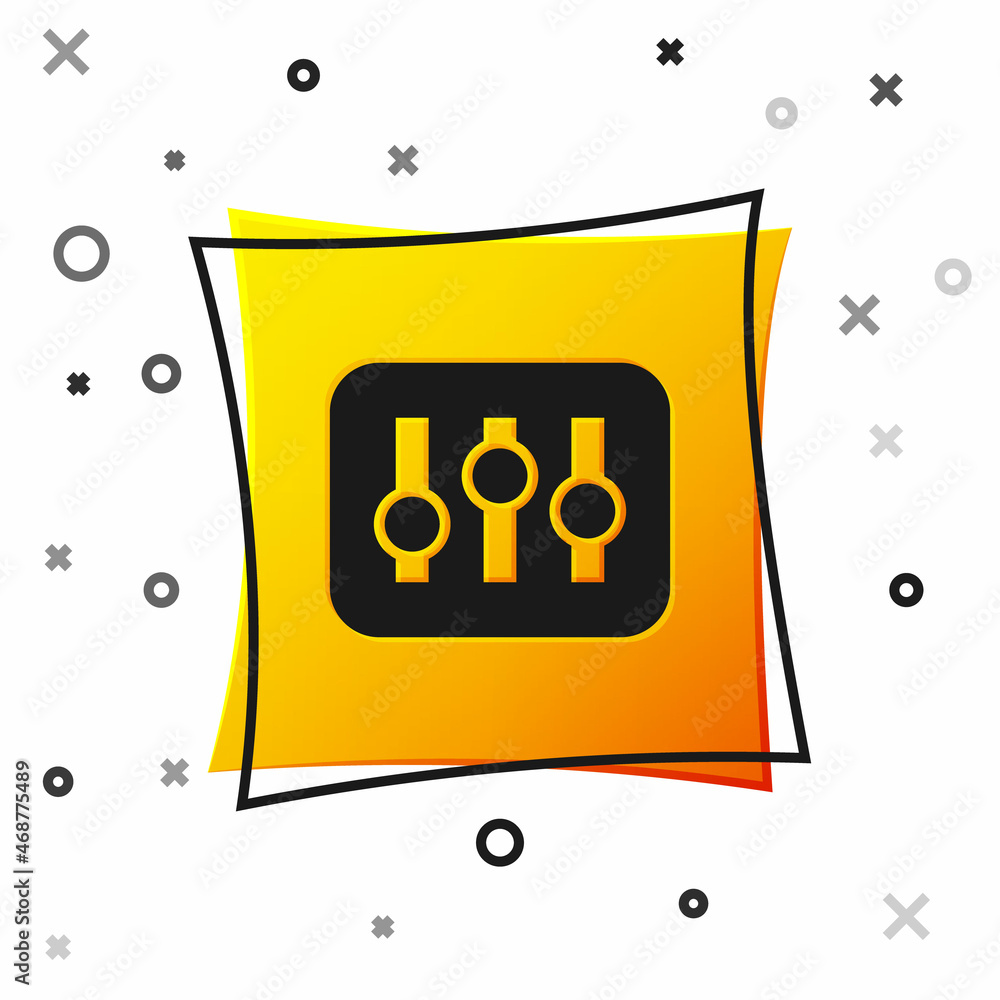 Black Sound mixer controller icon isolated on white background. Dj equipment slider buttons. Mixing console. Yellow square button. Vector Black Sound mixer controller icon isolated on white background. Dj equipment slider buttons. Mixing console. Yellow square button. Vector