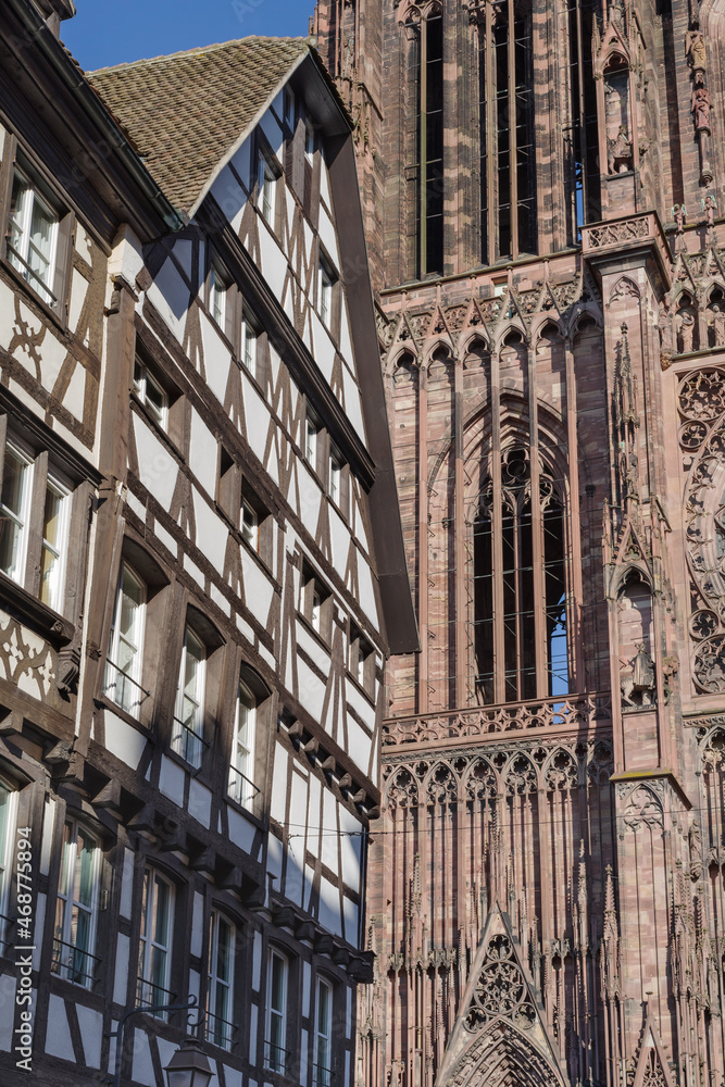 Obraz premium Notre Dame Gothic Cathedral with frame houses, UNESCO world heritage site, Alsace, France, Europe