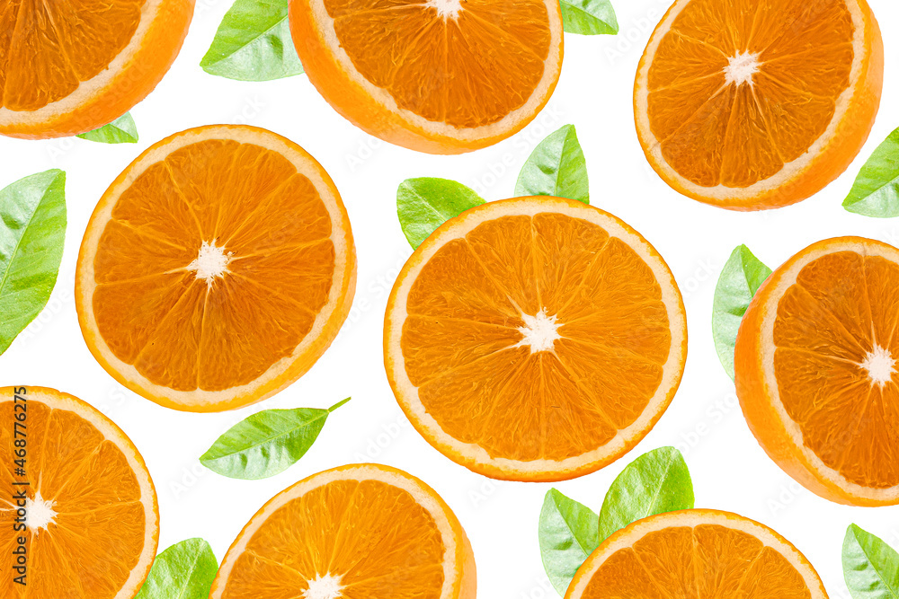 Slice of orange with green leaf isolated on white surface Slice of orange with green leaf isolated on white surface