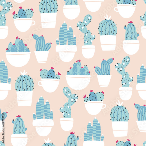 Home flowering plants cacti and succulents in pots. Vector seamless pattern. Trendy hand-drawn Scandinavian cartoon doodle style. Minimalistic pastel palette.