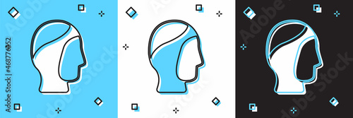 Set Diving hood icon isolated on blue and white, black background. Spearfishing hat winter swim hood. Diving underwater equipment. Vector