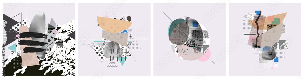 Different textures and shapes artistic vector illustration collage set. Geometric abstract design, creative background for banner, brochure, card, invitation, flyer, placard, poster, report, artwork - obrazy, fototapety, plakaty 