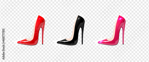 Beautiful female shoes isolated on transparent background.High-heeled shoes, sexy shoes, patent leather shoes.Vector illustration.