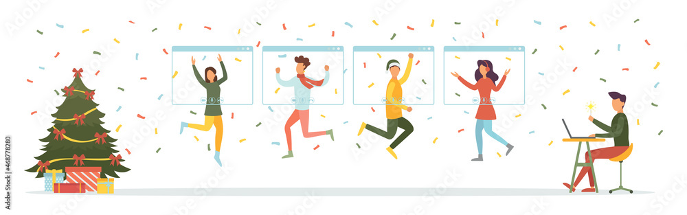 Internet party, meeting with friends. People celebrate Christmas and New Year together in quarantine. Vector illustration. Internet party, meeting with friends. People celebrate Christmas and New Year together in quarantine. Vector illustration.