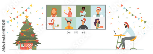 Video conferencing. Celebrating and wishing a Happy Christmas and New Year 2022. Vector illustration for internet, web design, banner. Flat style.