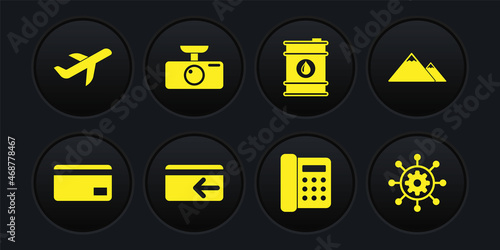 Set Credit card, Mountains, Cash back, Telephone, Barrel oil and Car DVR icon. Vector