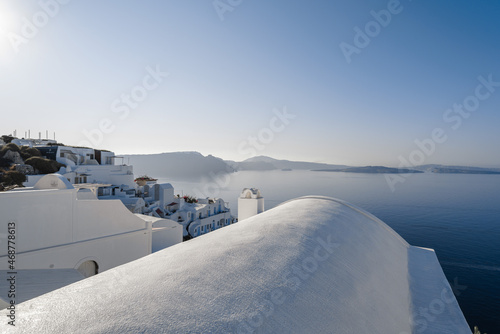 Traditional white buildings and rooftops in the villages of Santorini Island in Greece © Sen