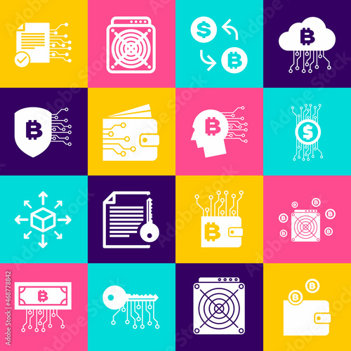 Set Cryptocurrency wallet, ASIC Miner, bitcoin circuit, exchange, and Shield with icon. Vector