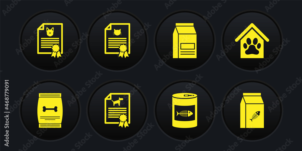 Set Bag of food for pet, Dog house and paw print, Certificate dog cat, Canned, and icon. Vector Set Bag of food for pet, Dog house and paw print, Certificate dog cat, Canned, and icon. Vector