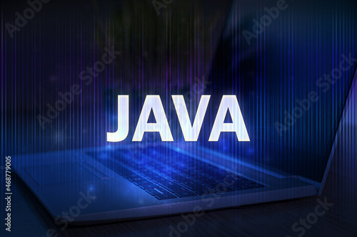 Java text on blue technology background with laptop. Learn java programming language, computer courses, training.