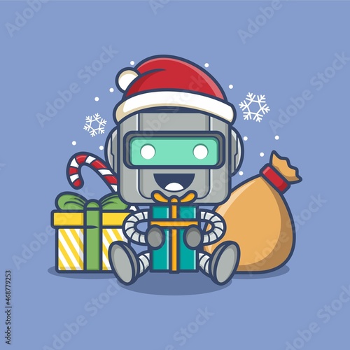 cute cartoon robot with christmas gifts. vector illustration for mascot logo or sticker