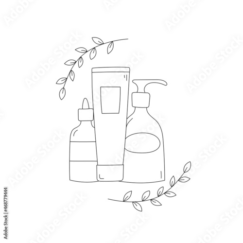 Cosmetic products doodle set. Line art bottles and tube with branches. Skincare products. Isolated vector illustration 