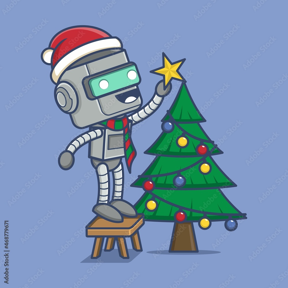 cute cartoon robot putting stars on christmas tree. vector illustration for mascot logo or sticker cute cartoon robot putting stars on christmas tree. vector illustration for mascot logo or sticker