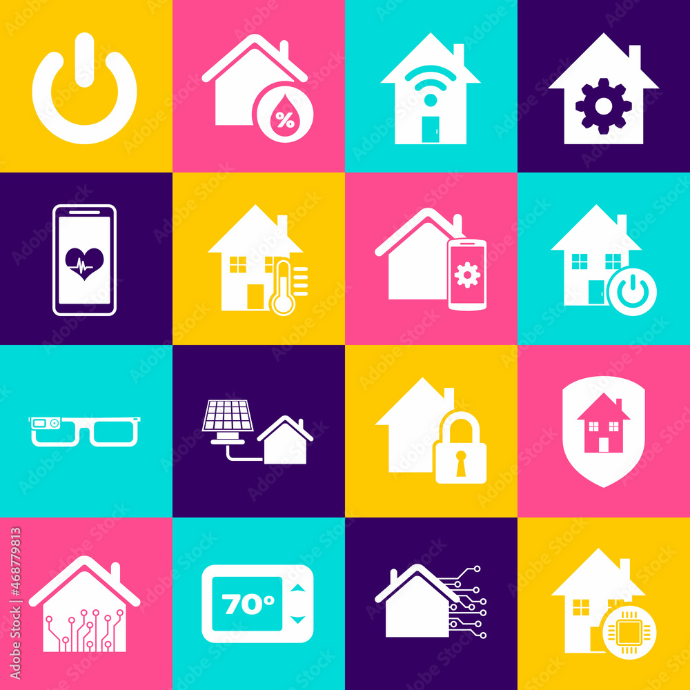 Set Smart home, House under protection, with wi-fi, temperature, Mobile heart rate, Power button and remote control system icon. Vector Set Smart home, House under protection, with wi-fi, temperature, Mobile heart rate, Power button and remote control system icon. Vector