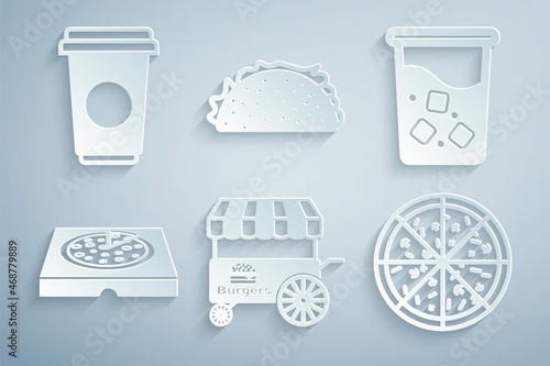 Set Fast street food cart, Glass with water, Pizza in cardboard box, Taco tortilla and Coffee cup icon. Vector