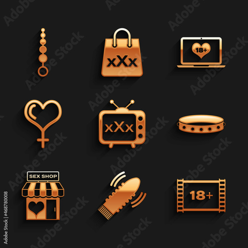 Set Sex tv old television, Dildo vibrator for sex games, Play Video with 18 plus, Leather fetish collar, shop building, Female gender and heart, Laptop content and Anal beads icon. Vector