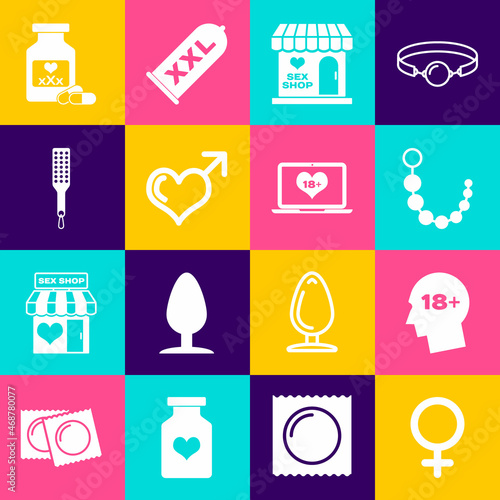 Set Female gender symbol, Head with 18 plus, Anal beads, Sex shop building, Male and heart, Spanking paddle, Bottle pills for potency and Laptop content icon. Vector