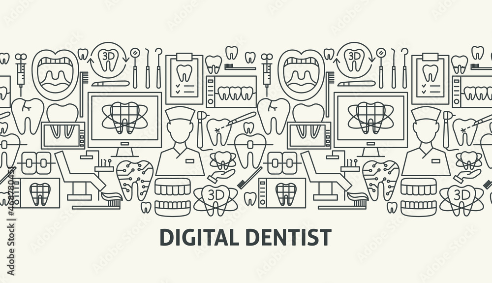 Digital Dentist Banner Concept. Vector Illustration of Outline Design.