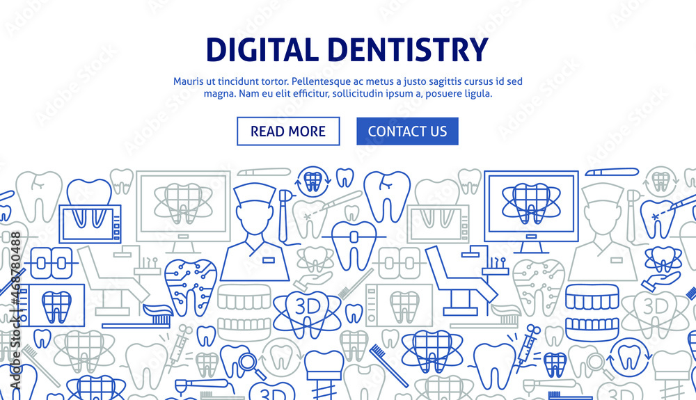 Digital Dentistry Banner Design. Vector Illustration of Outline Template.