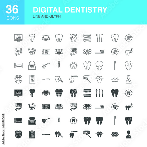 Digital Dentistry Line Web Glyph Icons. Vector Illustration of Dental Outline and Solid Symbols. 
