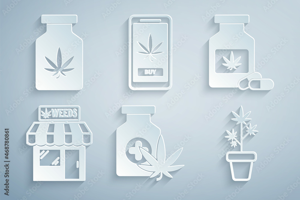 Set Medical bottle with marijuana, Marijuana and cannabis store, plant in pot, Online buying and icon. Vector Set Medical bottle with marijuana, Marijuana and cannabis store, plant in pot, Online buying and icon. Vector