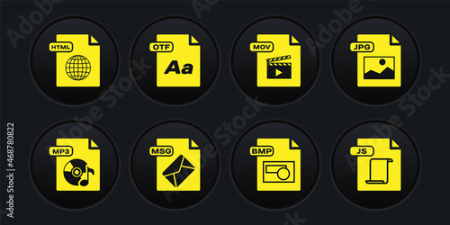 Set MP3 file document, JPG, MSG, BMP, MOV, OTF, JS and HTML icon. Vector