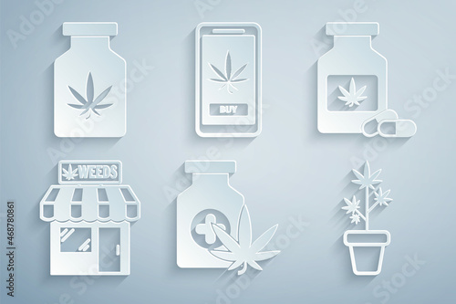 Set Medical bottle with marijuana, Marijuana and cannabis store, plant in pot, Online buying and icon. Vector