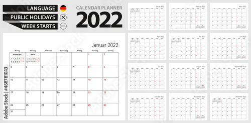 German calendar planner for 2022. German language, week starts from Monday. photo