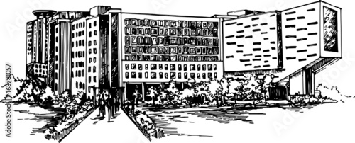 University building ink sketch on white background. modern unique building shape. perspective image for logo, poster, card design, webpage. Black front elevation 