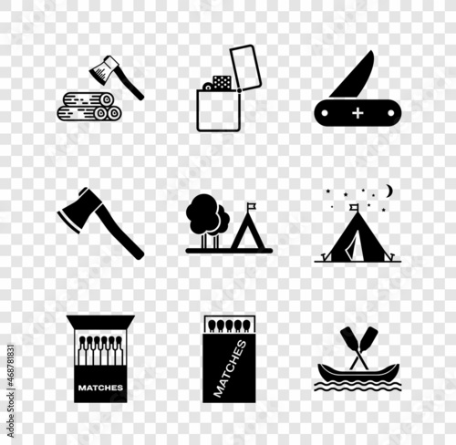 Set Wooden axe and wood, Lighter, Swiss army knife, Open matchbox matches, Rafting boat, and Tourist tent with flag icon. Vector