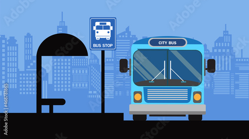 Bus stop cityscape, bus stop signs, transportation vector illustration