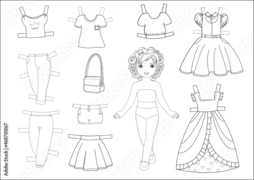 Cute paper doll and clothes Black and white  set. photo