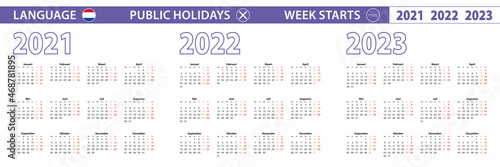 Simple calendar template in Dutch for 2021, 2022, 2023 years. Week starts from Monday.