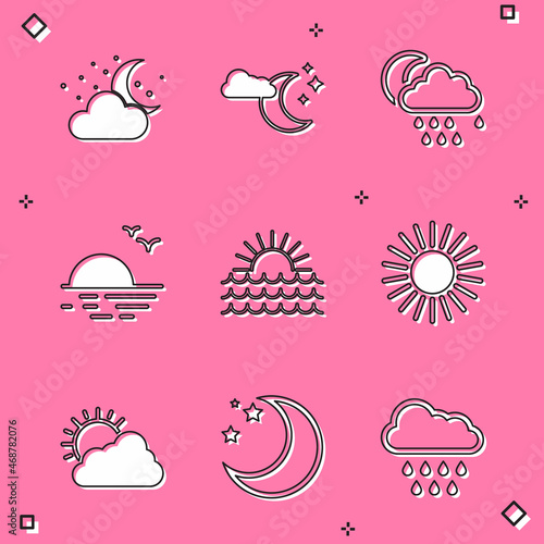 Set Cloud with moon and stars  rain  Sunset  cloud weather and Moon icon. Vector