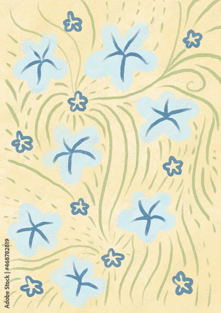 Yellow painted background and blue flowers pattern Yellow painted background and blue flowers pattern