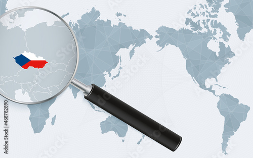 Asia centered world map with magnified glass on Czech Republic. Focus on map of Czech Republic on Pacific-centric World Map.