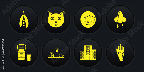 Set Can container for milk, Runny nose, Mold, Medical hospital building, Man with excessive sweating, Pet, Hand psoriasis eczema and Kidney beans icon. Vector