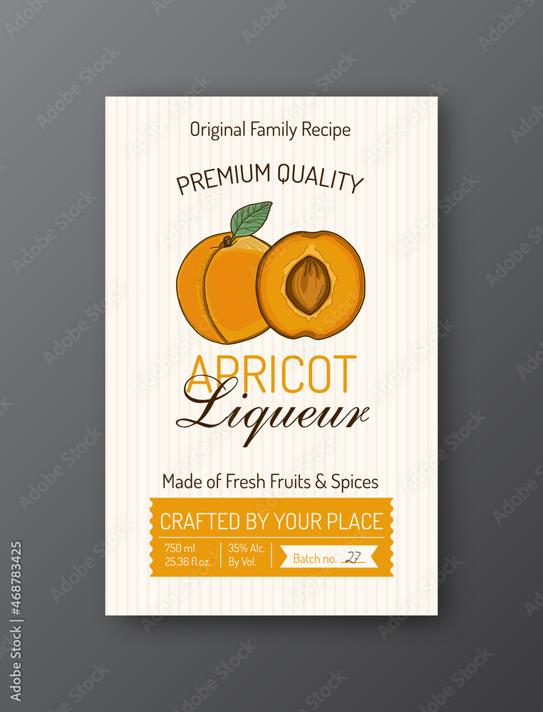Apricot liqueur alcohol label template Modern vector packaging design layout Isolated - obrazy, fototapety, plakaty 