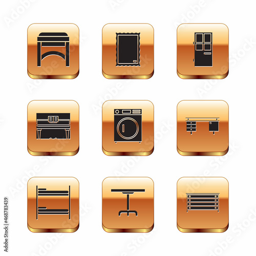 Set Chair, Bunk bed, Round table, Washer, Grand piano, Closed door, Chest of drawers and Picture icon. Vector