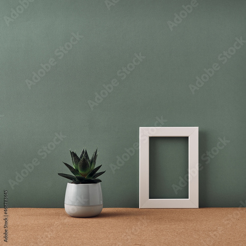 Fototapeta Naklejka Na Ścianę i Meble -  A frame and a houseplant in a pot stand on a cork floor, white background. Mock up, copy space. Folk