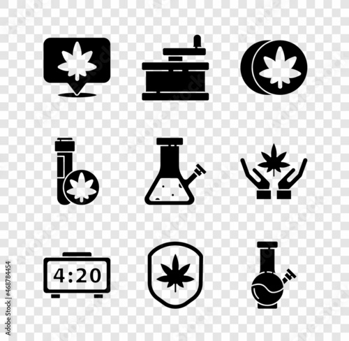 Set Location and cannabis, Manual grinder, Herbal ecstasy tablets, Digital alarm clock, Shield marijuana leaf, Glass bong for smoking, Chemical test tube with and icon. Vector